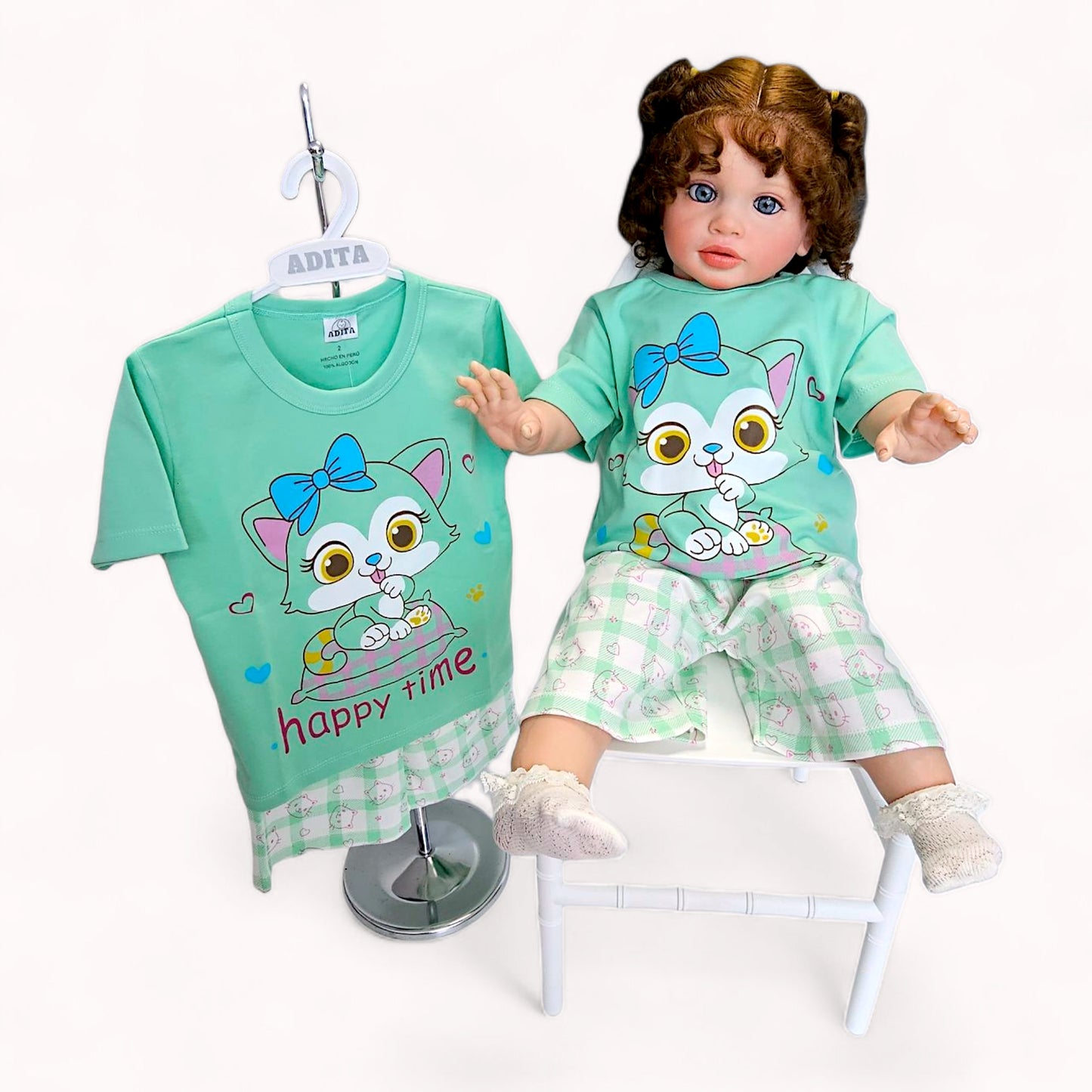 PIJAMA HAPPY TIME EN COLOR MENTA-CREMA