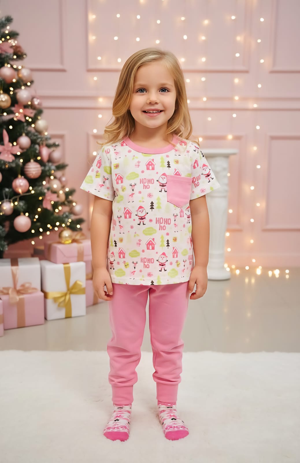PIJAMA DE NAVIDAD PARA NIÑAS EN COLOR ROSADO