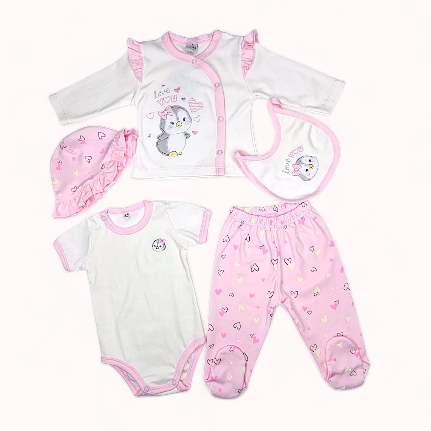 CONJUNTO DE 5PZ PARA BEBITA PINGUI LOVE