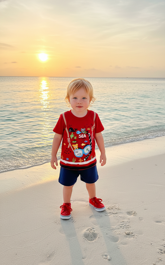 CONJUNTO SEA ADVENTURE POLO C/SHORT EN COLOR ROJO