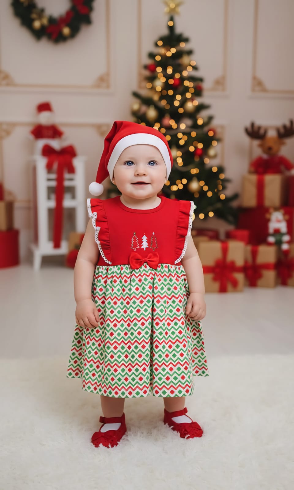 VESTIDO DE NAVIDAD TRES ARBOLITOS EN COLOR ROJO