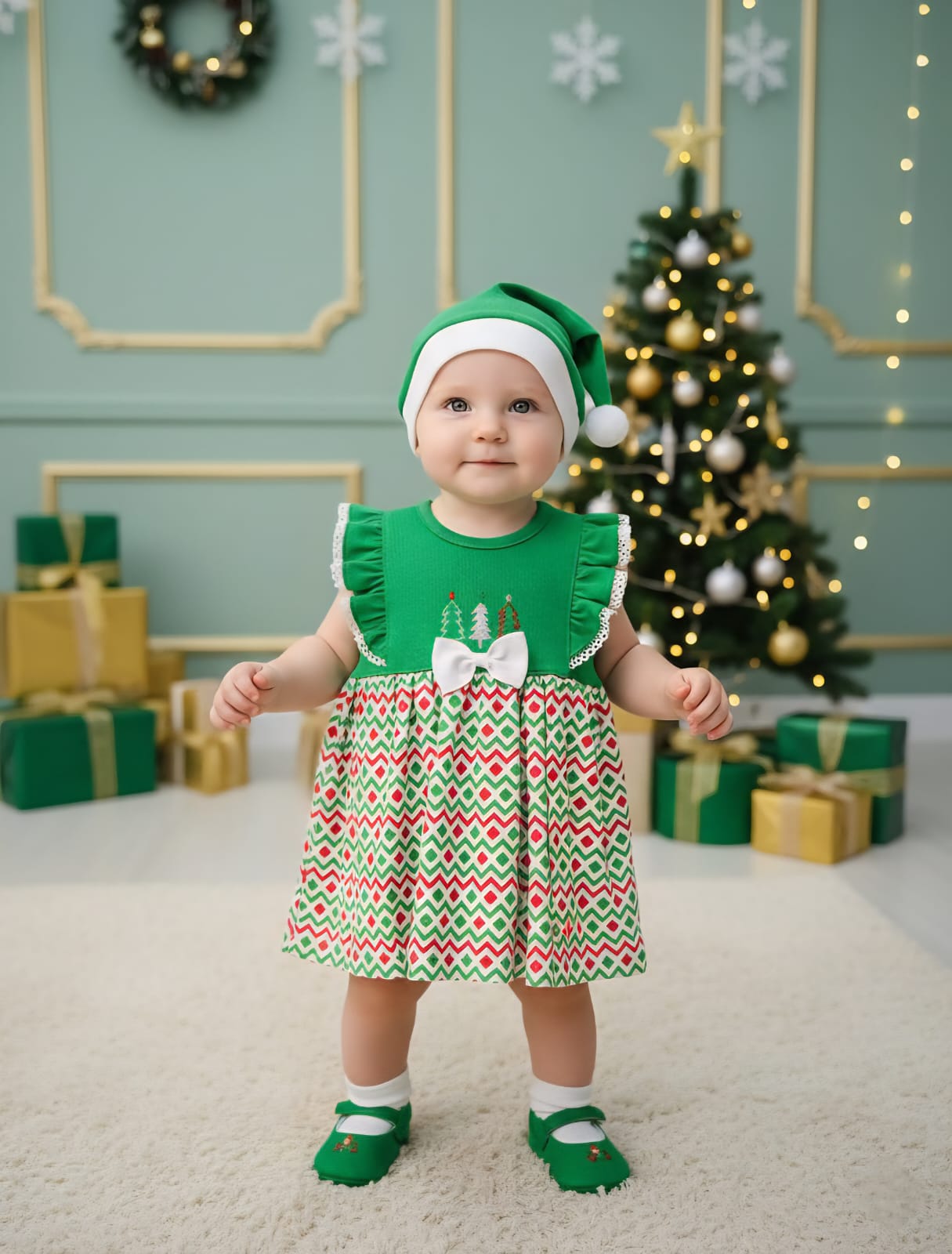 VESTIDO DE NAVIDAD TRES ARBOLITOS EN COLOR VERDE