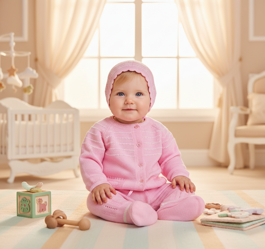 CONJUNTO ROPON DE HILO BOLSILLITOS EN COLOR ROSADO