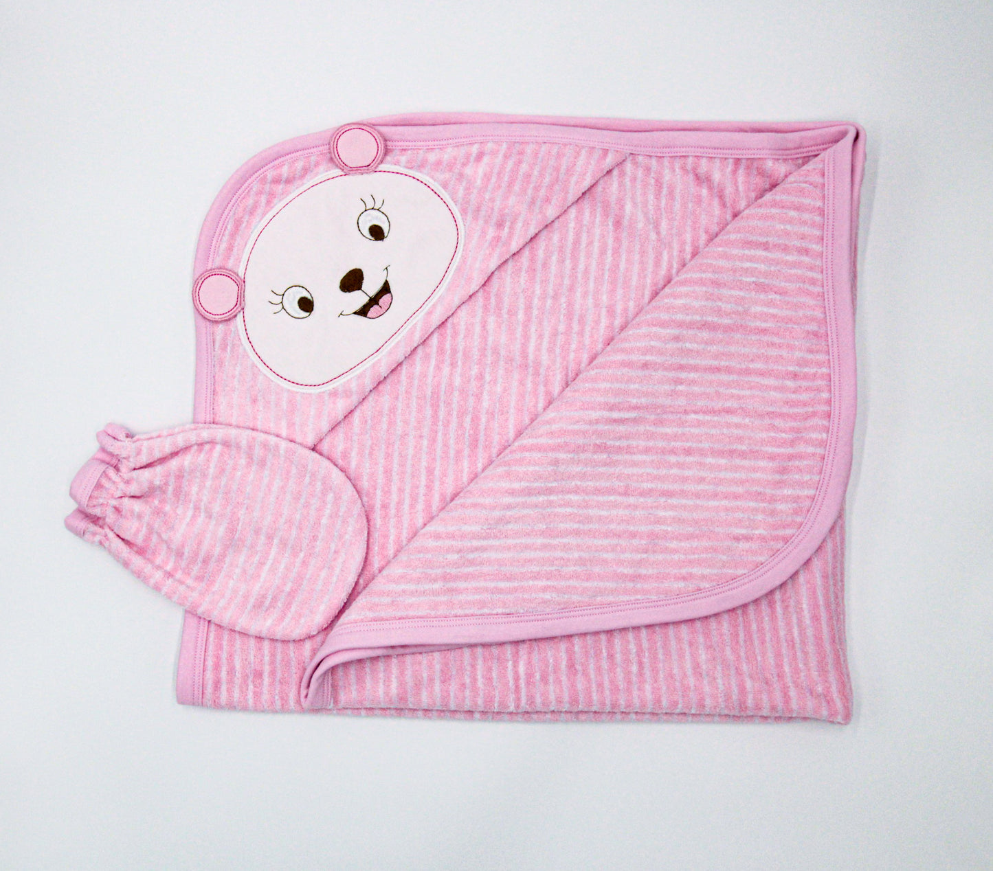 TOALLA FELPA LISTADA EN COLOR ROSADO