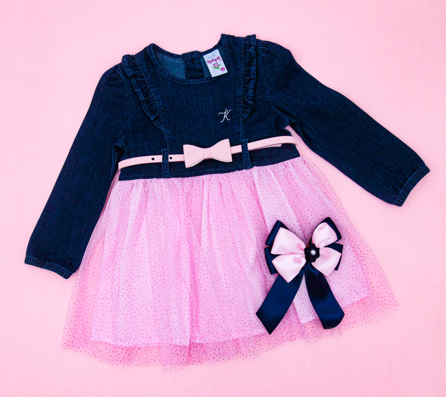 VESTIDO SABINA CON TULL Y CORREA / ROSADO AZUL