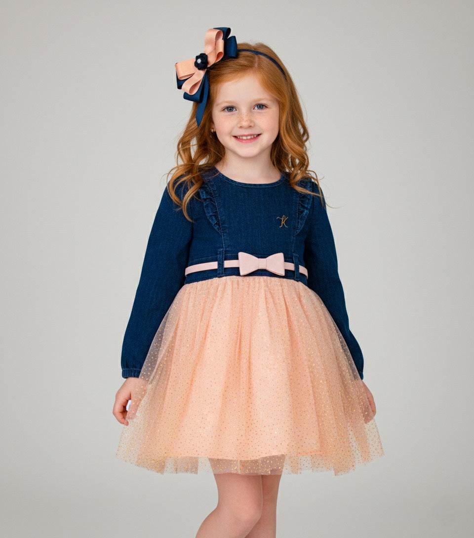 VESTIDO SABINA CON TULL Y CORREA / MELON AZUL